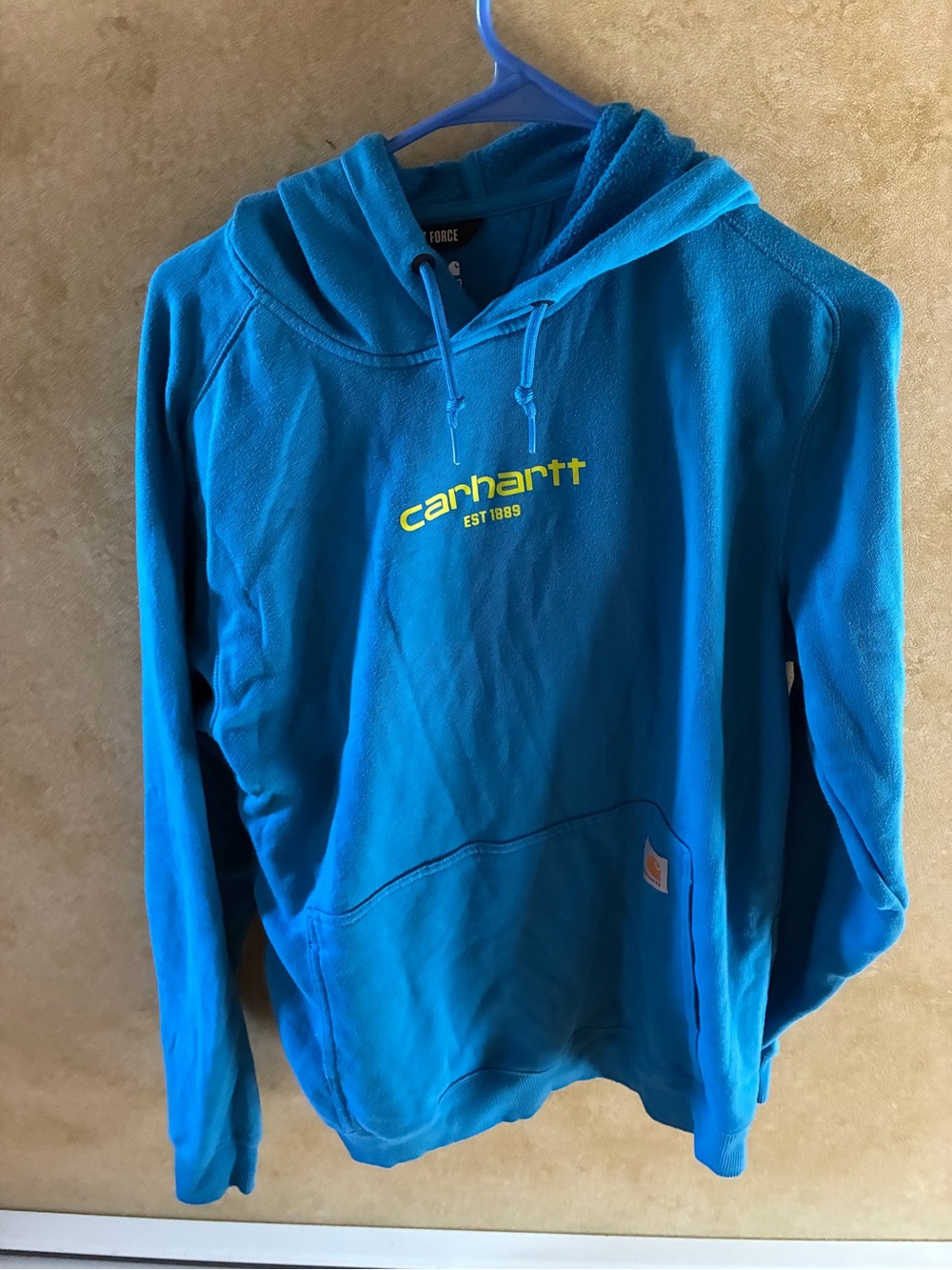 Carhartt Bright Blue Crewneck Hoodie with Yellow Logo
